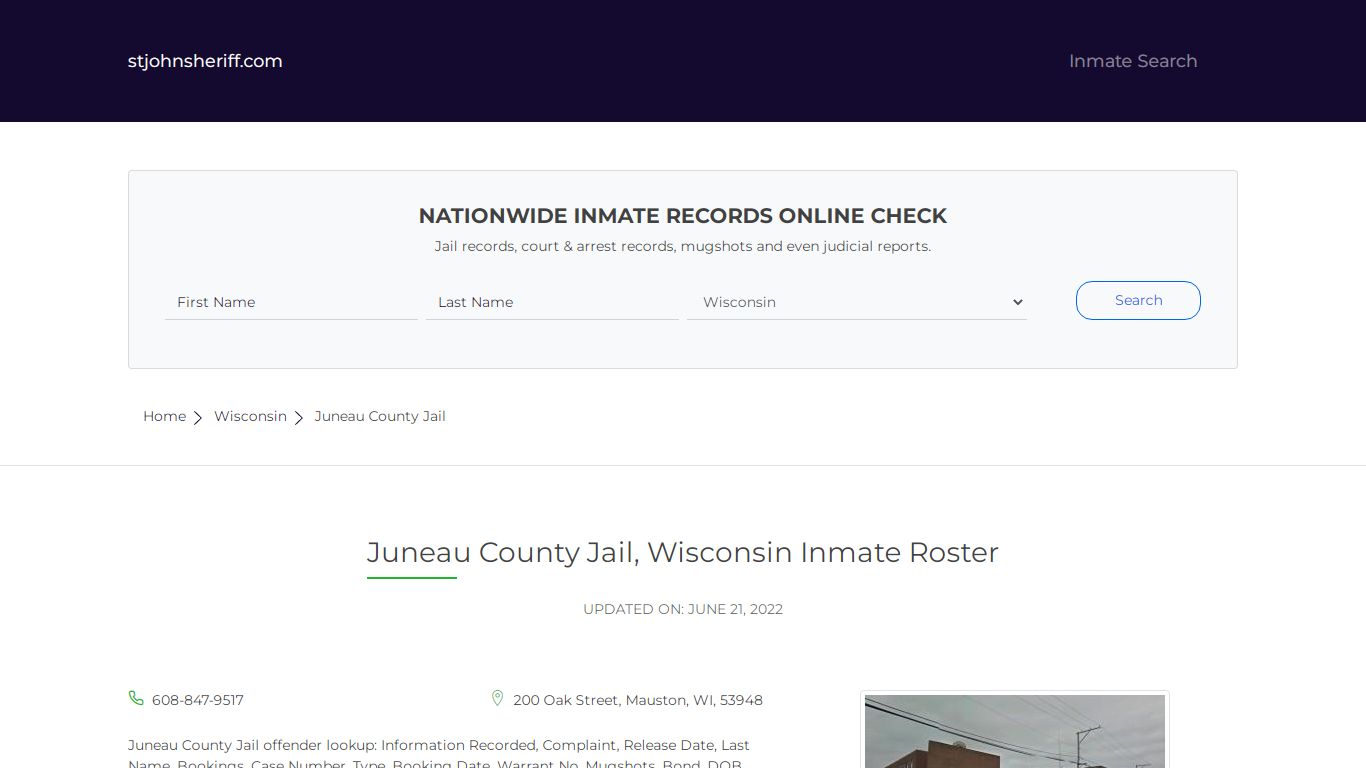 Juneau County Jail, Wisconsin Inmate Roster
